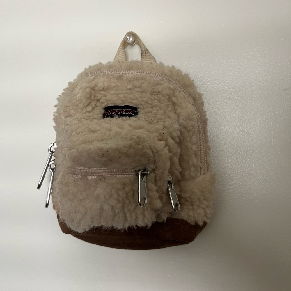 Jansport Cream and Brown Fuzzy Mini Backpack